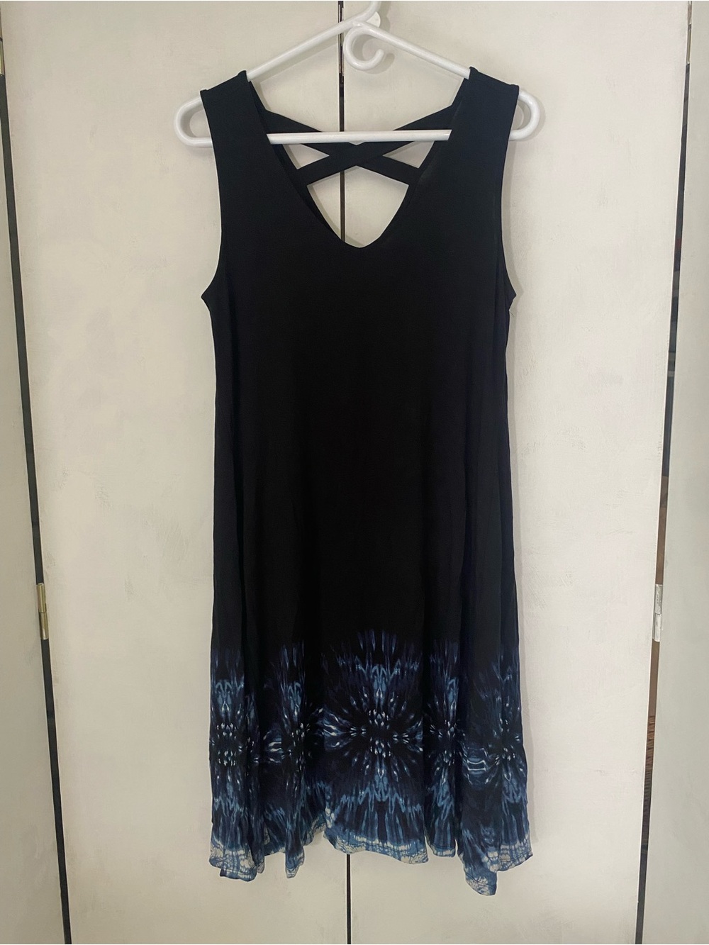 Style & Co Sleeveless Black Midi Dress with Blue Tie-Dye Hem